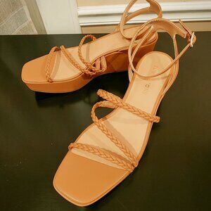 Sun + Stone Alyssaa‎ Caramel Brown Braided Strap Y2K Wedge Heel Boho Sandals Sz.